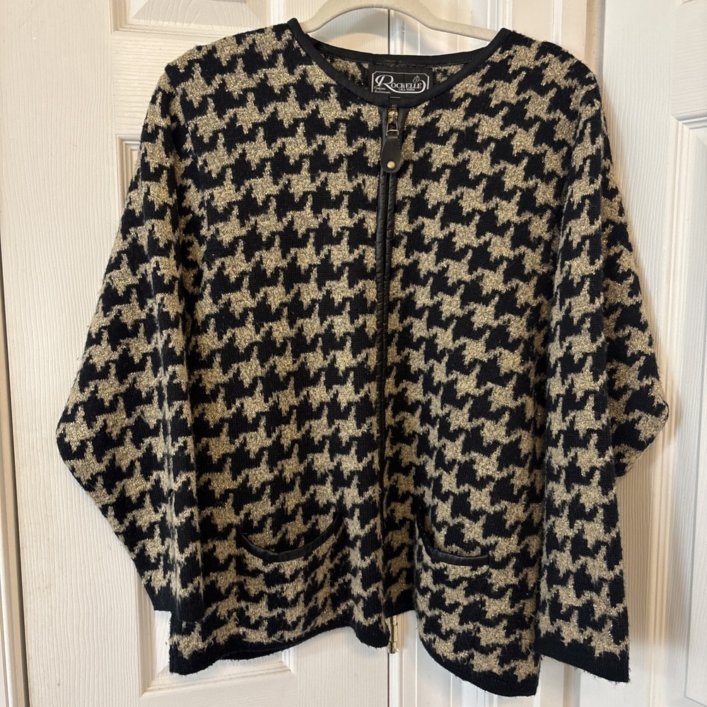 VTG Rochelle California Women Sweater Wool Blend Houndstooth Zip XL Black Gold